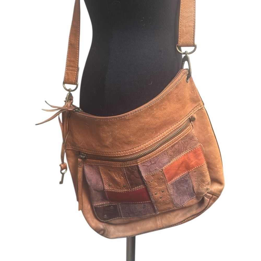 FOSSIL SASHA Tooled Leather Suede Patchwork Crossbody Patchwork Brown Orange Bag